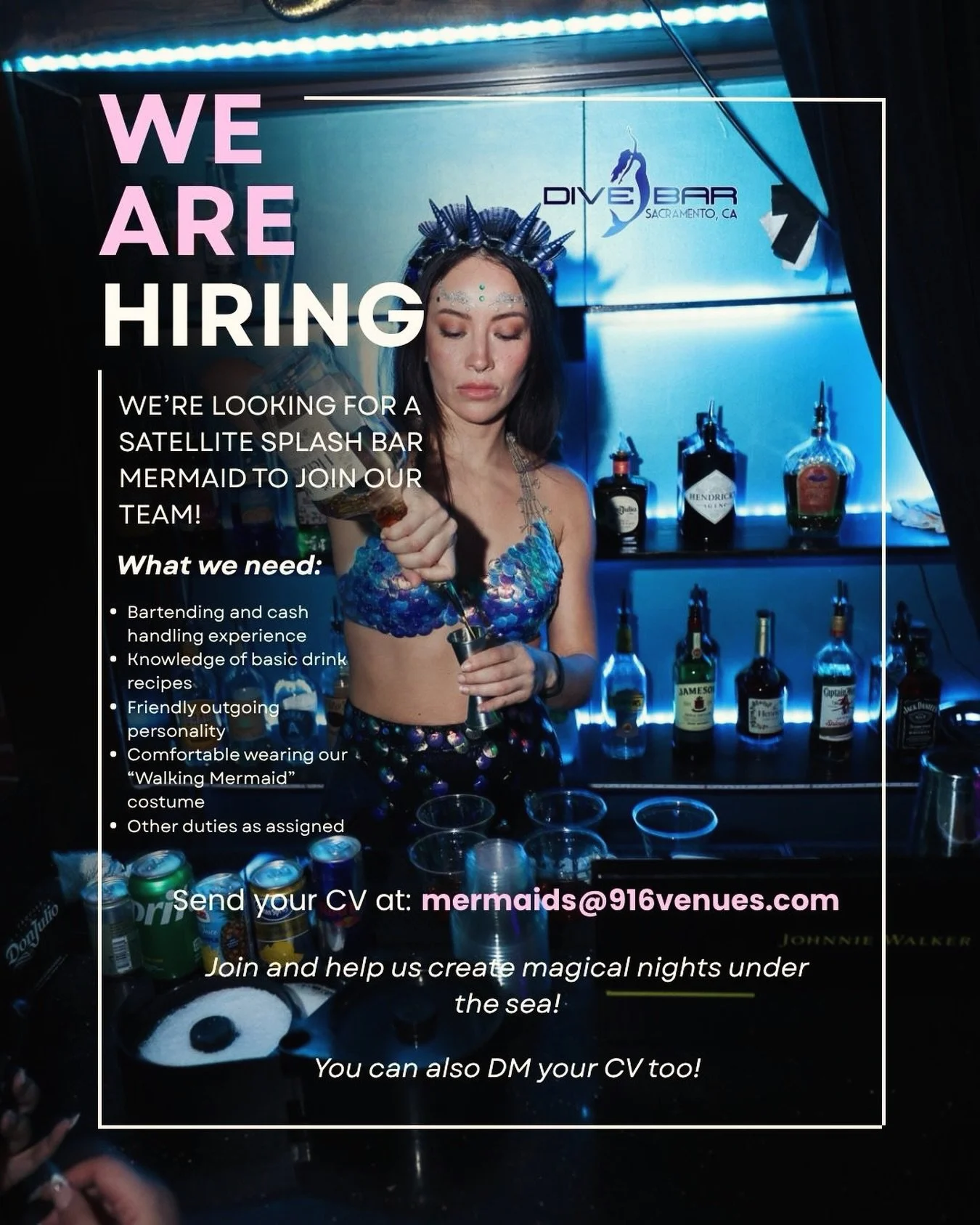 🧜&zwj;♀️✨ Dive into something magical 🌊🐟

Dive Bar Sacramento is on the hunt for a Walking Splash Bar Mermaid to light up our dance floor! 🐠🍹

If you&rsquo;re friendly, outgoing, and know your way around a cocktail&mdash;we want YOU. Must be 21+