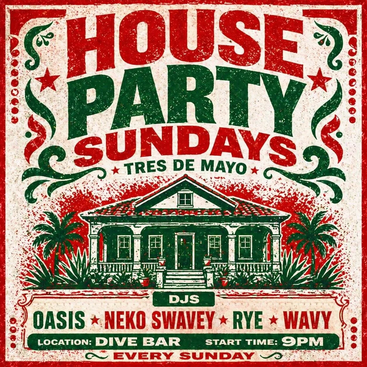 House Party Sundays just got a Latin twist 🇲🇽🔥

&ldquo;Tres De Mayo&rdquo; going crazy at Dive Bar 💃🏽🕺🏽
HipHop, Top40, Latin vibes all night &mdash; you already know the energy

🎧 DJs: Oasis &bull; Neko Swavey &bull; RYE &bull; Wavy
📍 Dive B