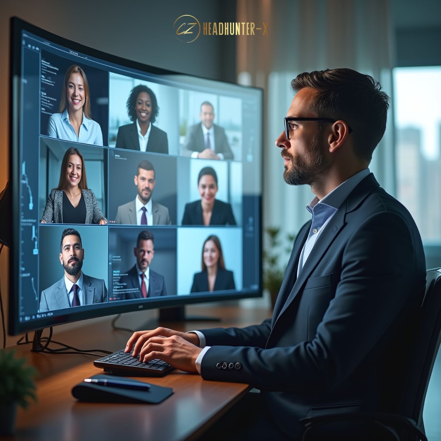 Consultor de Headhunter-X evaluando candidatos ejecutivos en entrevista virtual