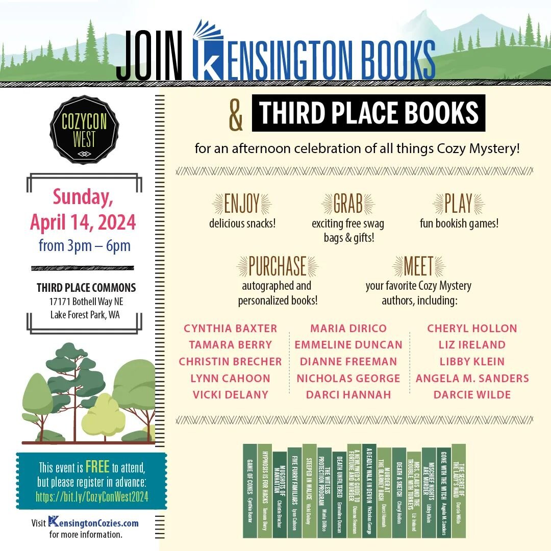 Coming soon! I'll be at @thirdplacebooks on April 14 with a great lineup of authors for all things cozy and mysterious. Free to attend!

#kensingtoncozycon #cozymystery #tamaraberry