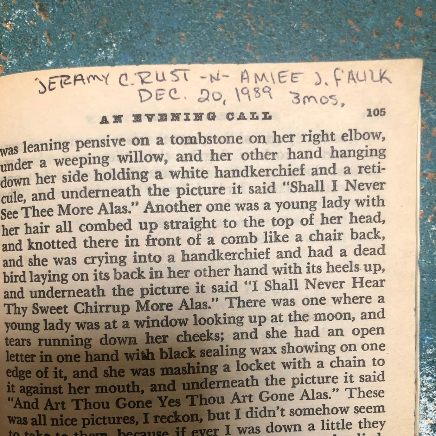 Sent from a reader who found &quot;I ❤️ Aimee&quot; written on the sides of an old copy of Huckleberry Finn. Wherever you are, Aimee and Jeramy, I hope your love is still going strong. 

#thelibraryofborrowedhearts #marginalia