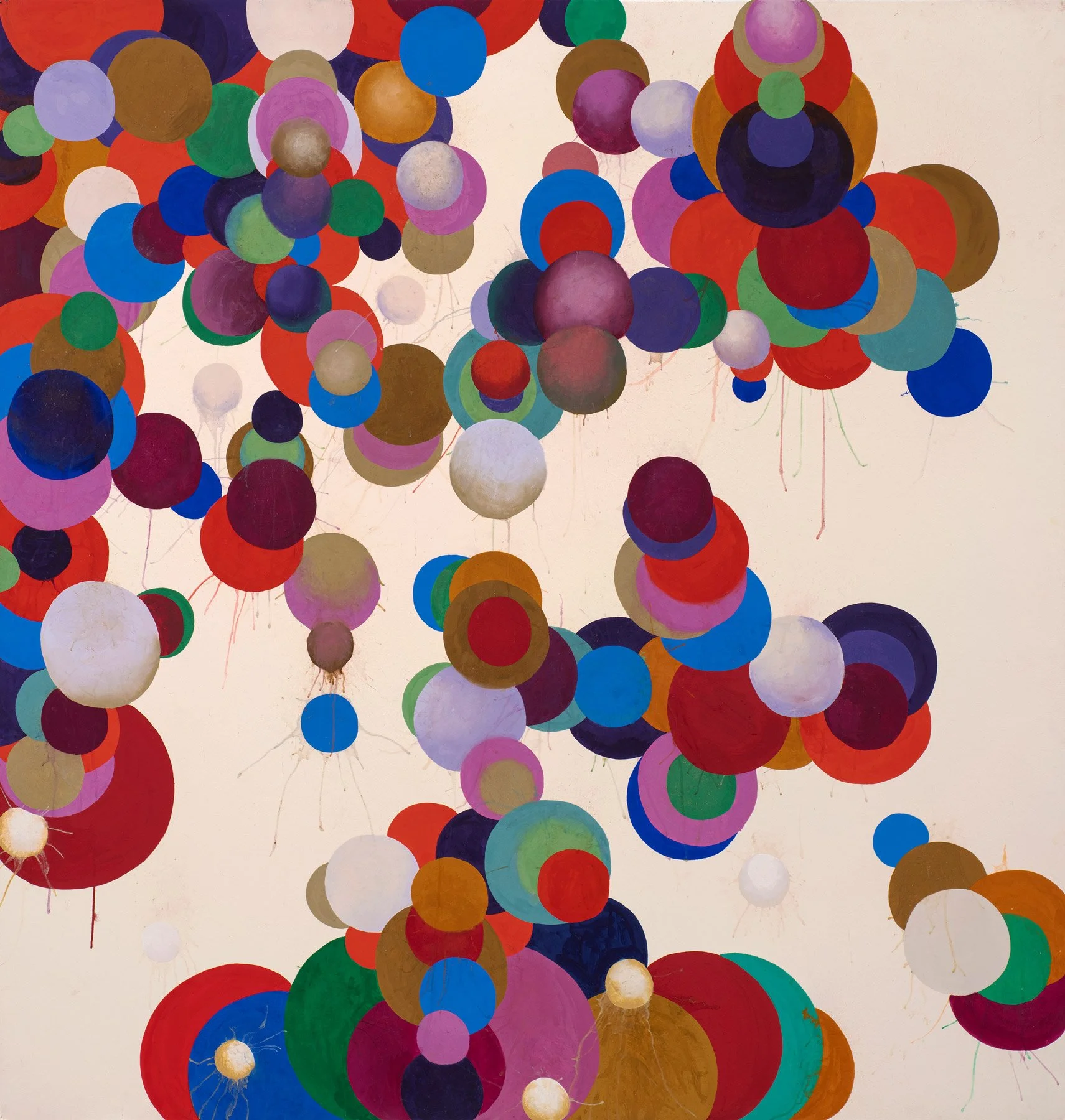   Radiating, Secreting, Orbs of Consciousness  2026, gouache on paper mounted on canvas, 63 × 60" 