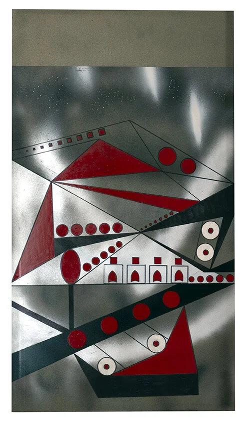 Pluie de comète peinture bombe et métal + marqueur / tôle 29 x 70 cm 2016 - 2017