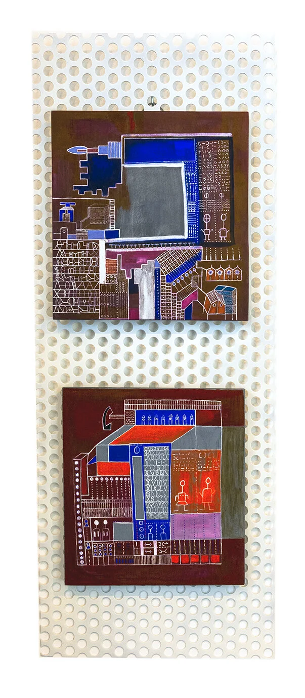 Paléographie Diptyque tempera et acrylique / bois Tôle percée 94 x 36 cm Bois haut 30 x 28,5 cm Bois bas 30 x 27 cm 2018