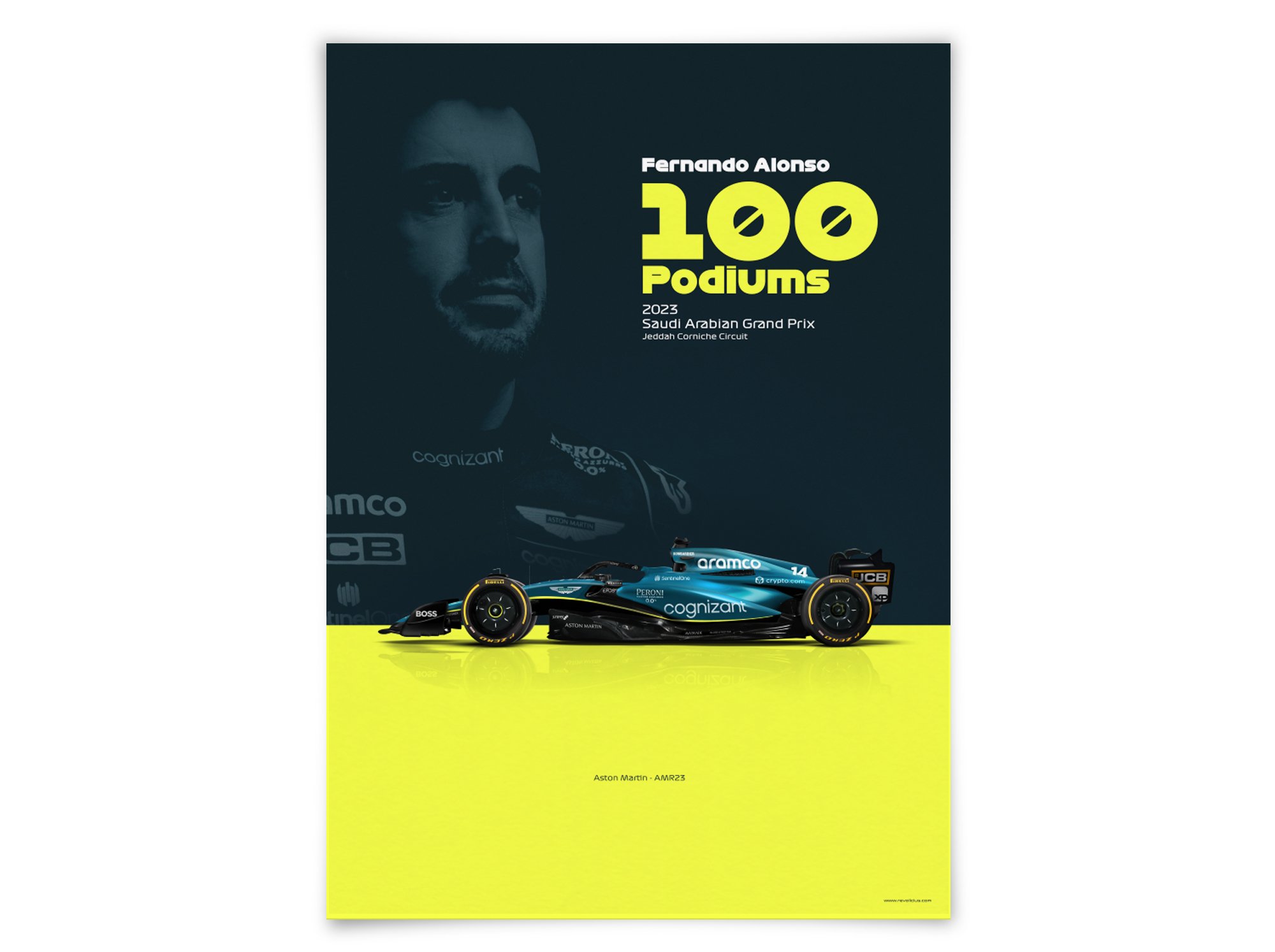 Fernando Alonso, 100 Podiums, 2023 Aston Martin AMR23 F1 - Car poster, car illustration, car print