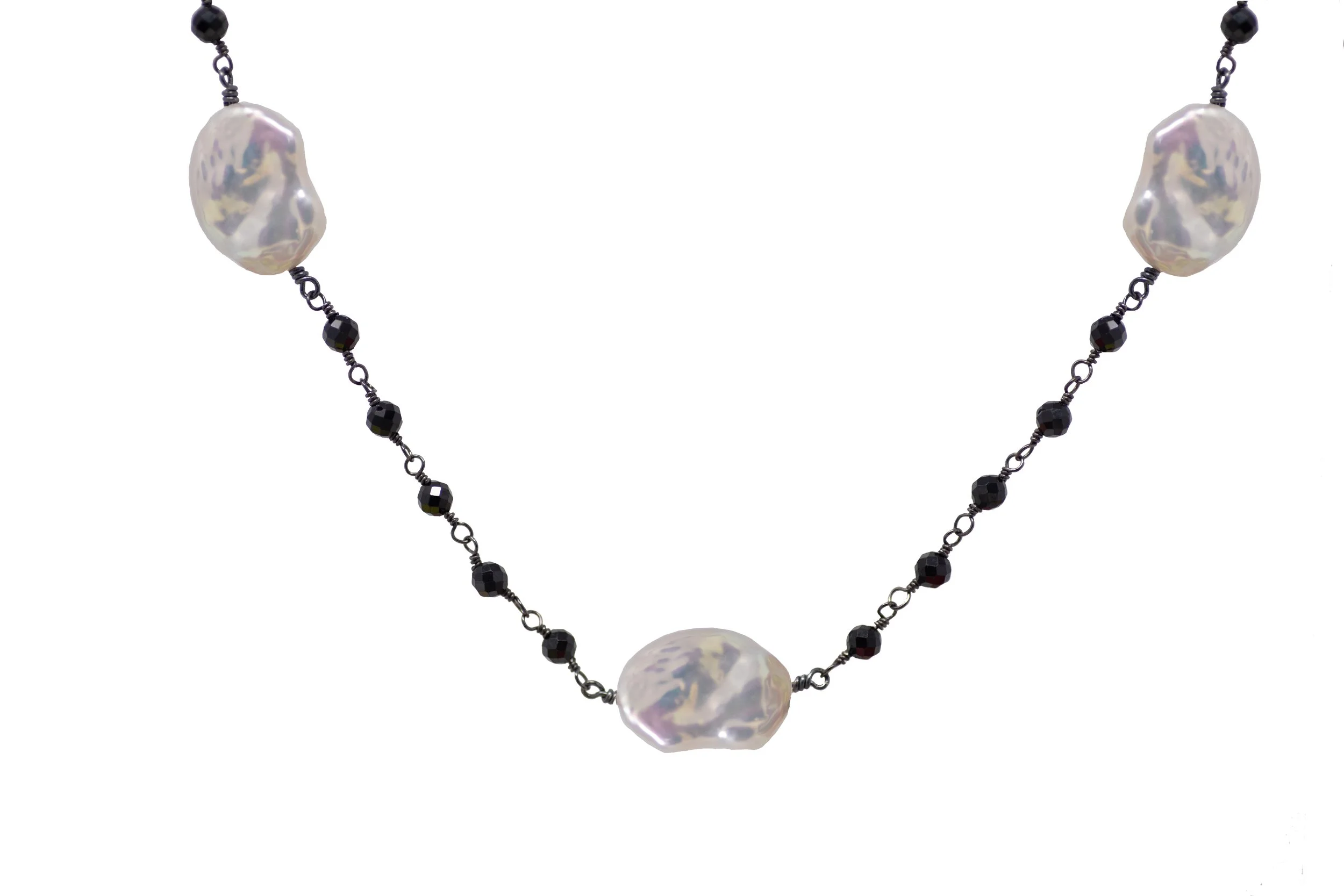 Black Spinel and Keishi Pearl Station Necklace