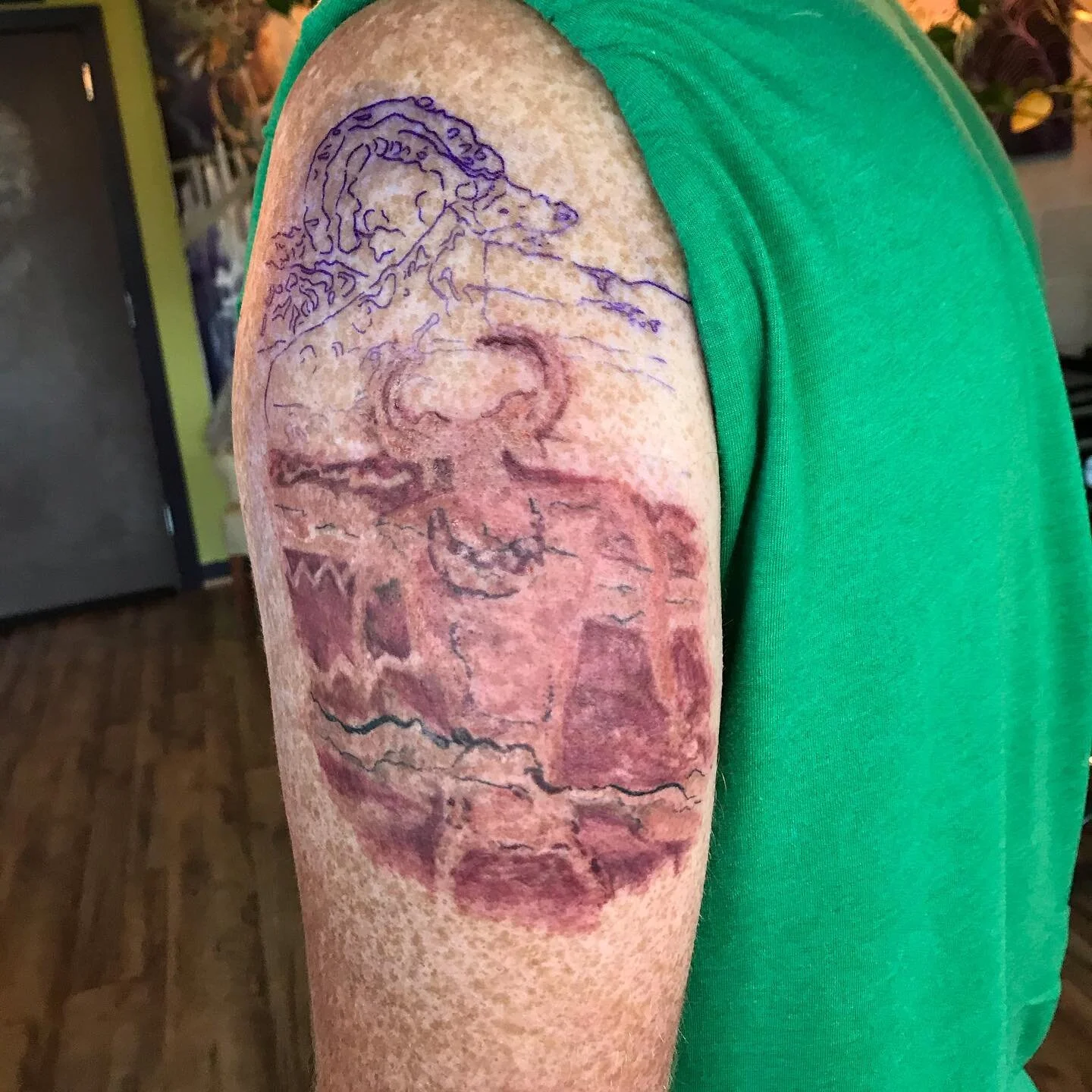 Really great start on this red rock petroglyph.  For info DM 👉🏻@starchildtattoo or text her at 8013896983 .
.
.
.
.
.
.
Using nothing but the best
 @tattooloverscare
@eternalink 
@divincineedles
.
.
.
.
#outerdarknessstudio #slc #801 #ladytattooer 