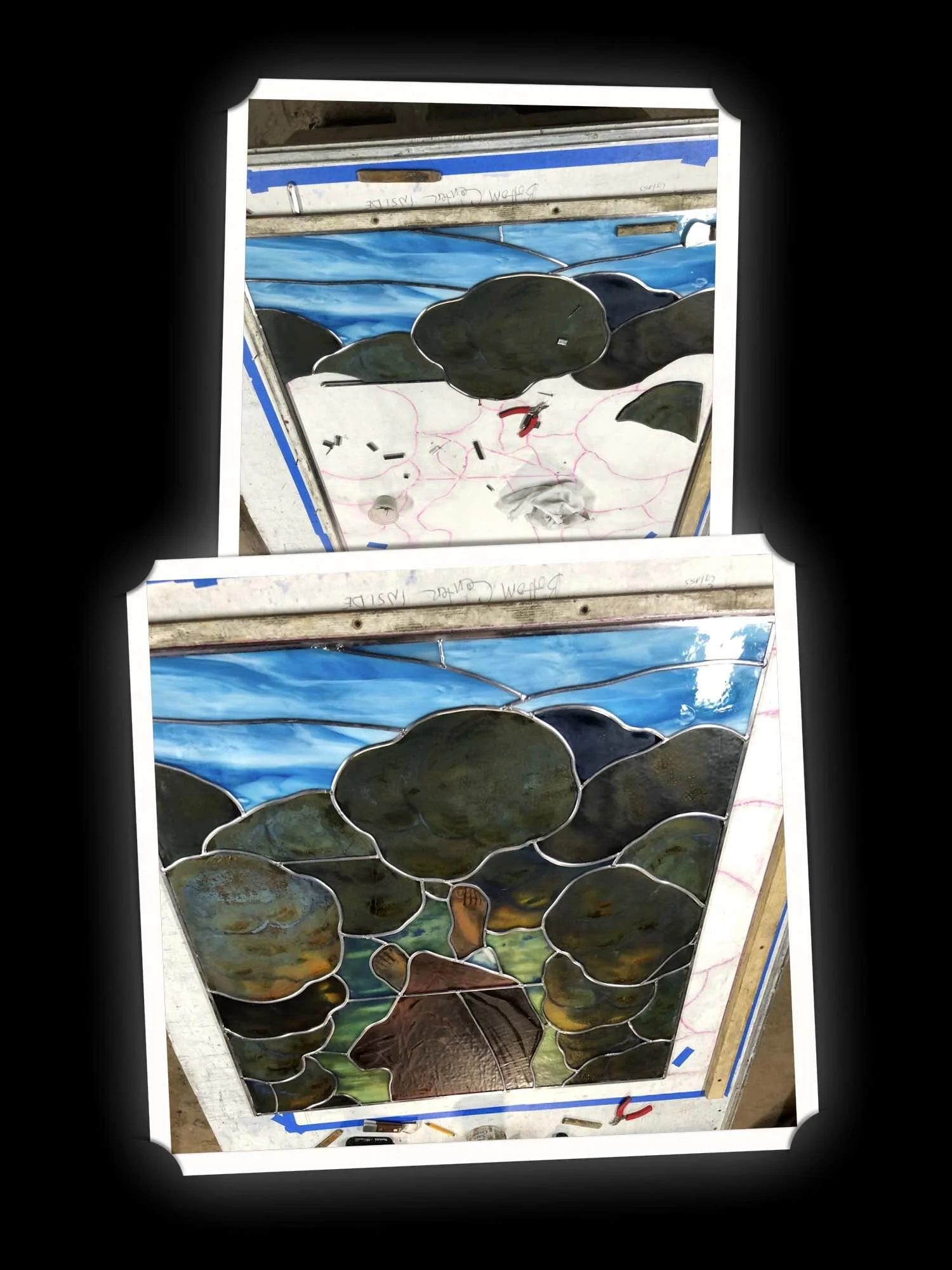 Step 12: “Dutchmen,” or “false-lead lines,” are added over singular cracks in order to preserve as much original glass as possible.