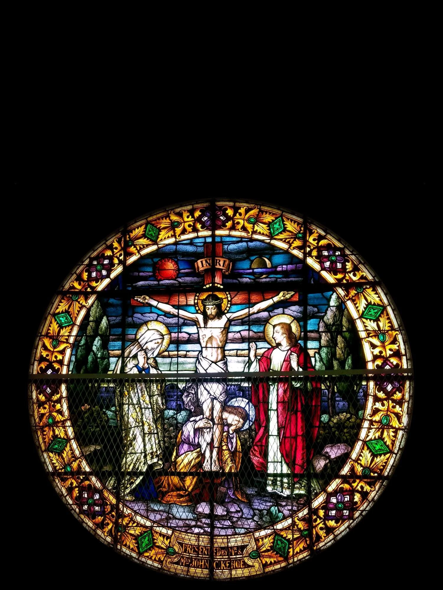 Christ Crucifixion Round Antique Church Stained Glass Window