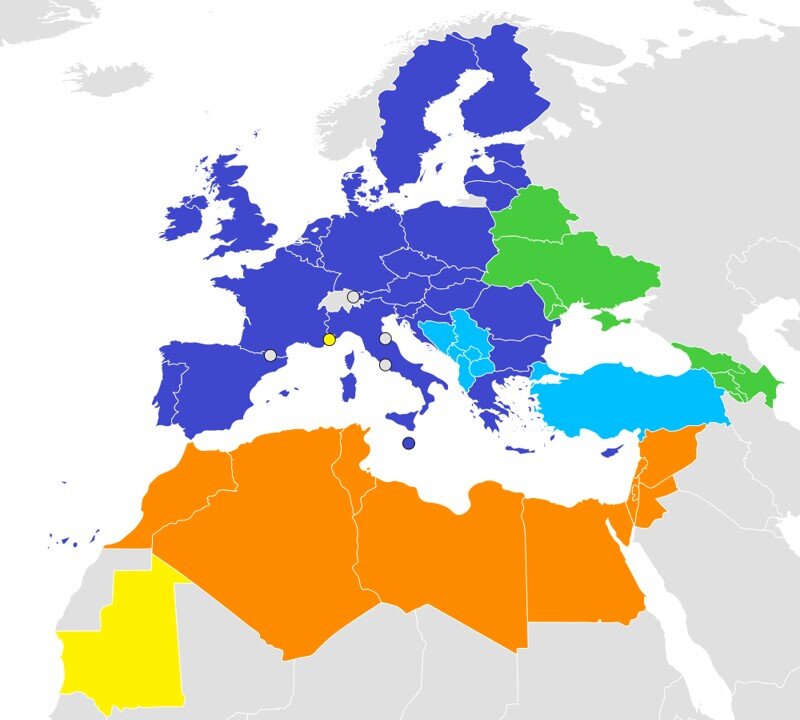 European Neighborhood Policy Members in yellow and green. Blue countries are not members because they may eventually join the EU. (9)