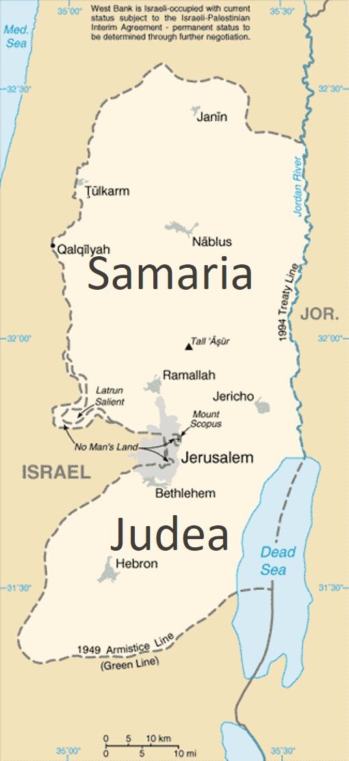 Map of West Bank showing Judea and Samaria Area