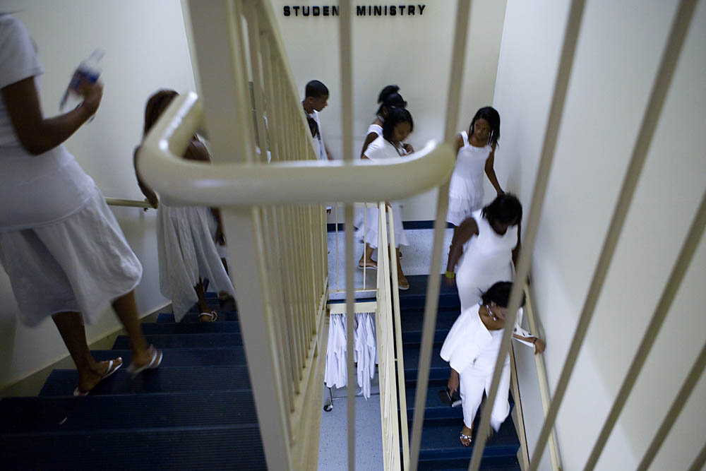  Teens head to the front of the church for the Purity Ring Ceremony at the Destiny World Church June 16 in Austell, GA. Young children, teenagers and their parents or guardians came together for three days to promote abstinence. Issues like STDs, pee