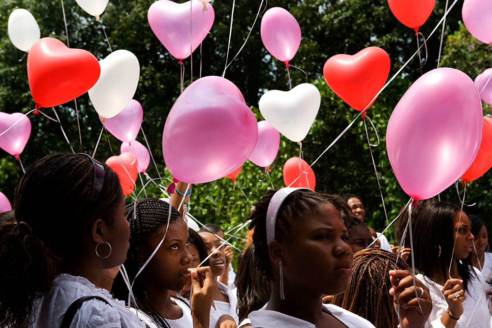  Virgins and "second chance virgins" release balloons into the air in celebration of their promise to stay chaste before marriage at the Destiny World Church June 16 in Austell, GA. Young children, teenagers and their parents or guardians came togeth