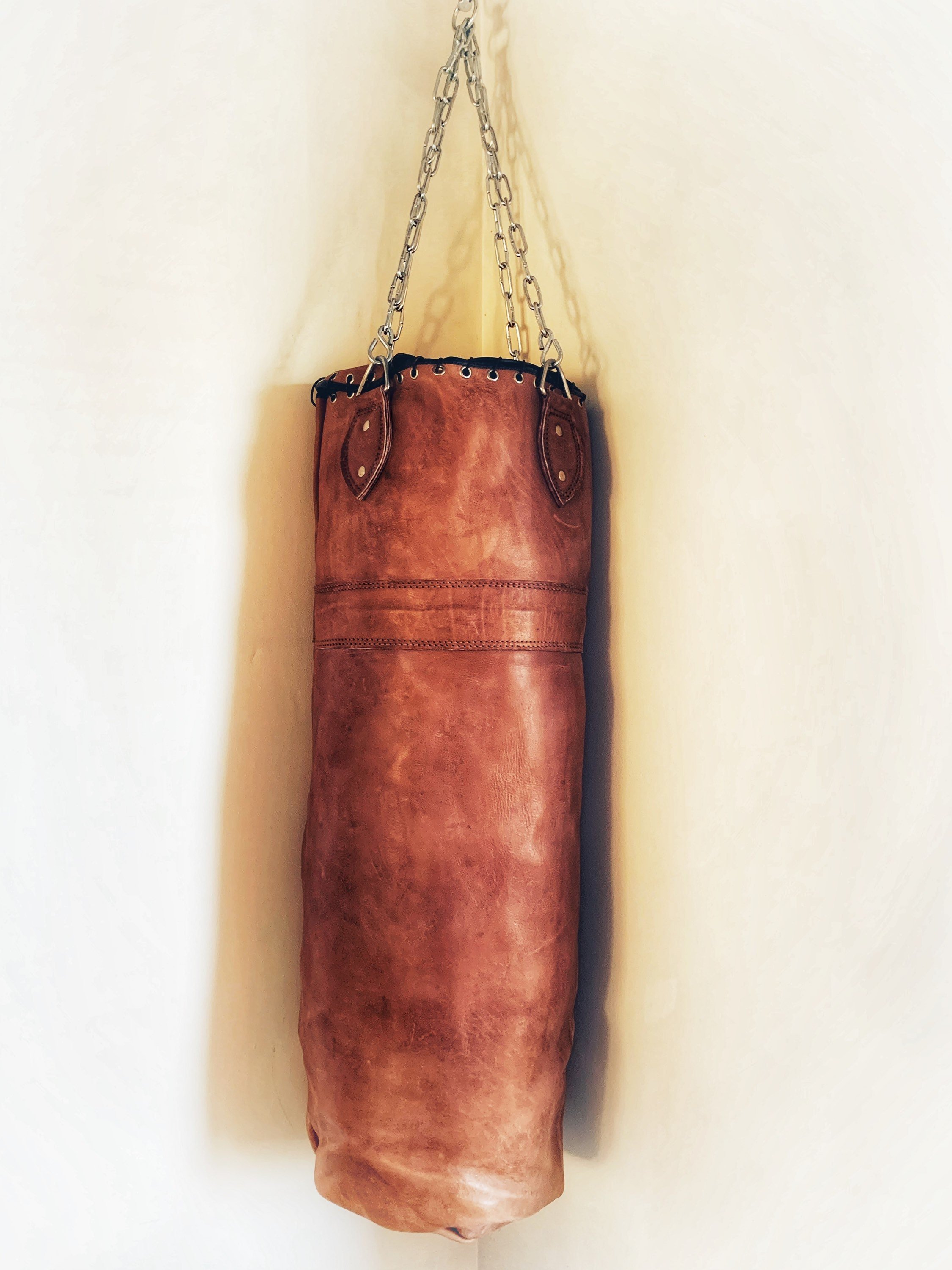 VINTAGE Tan Leather Boxing Gym Punch Bag with BRACKETS 