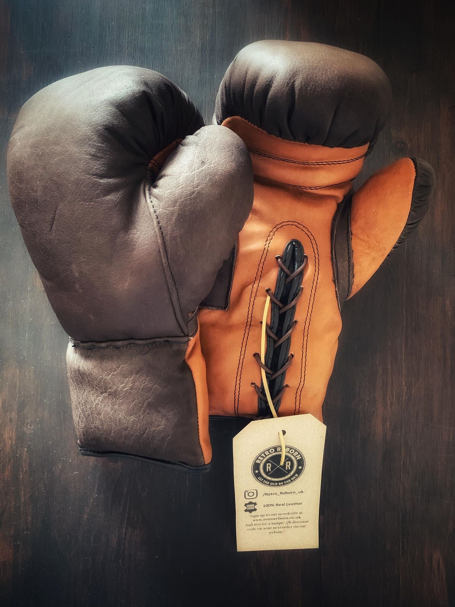 Retro Reborn Vintage Retro Style Boxing Gloves Tan and dark brown Real Leather