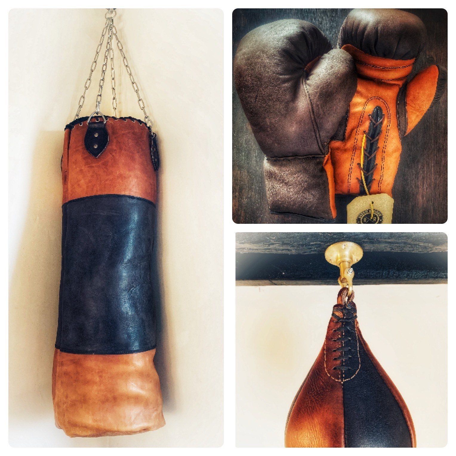 Retro Reborn Vintage Style Real Leather 3ft (5ft inc chains) Boxing bag (unfilled) with Retro 12oz Boxing Gloves