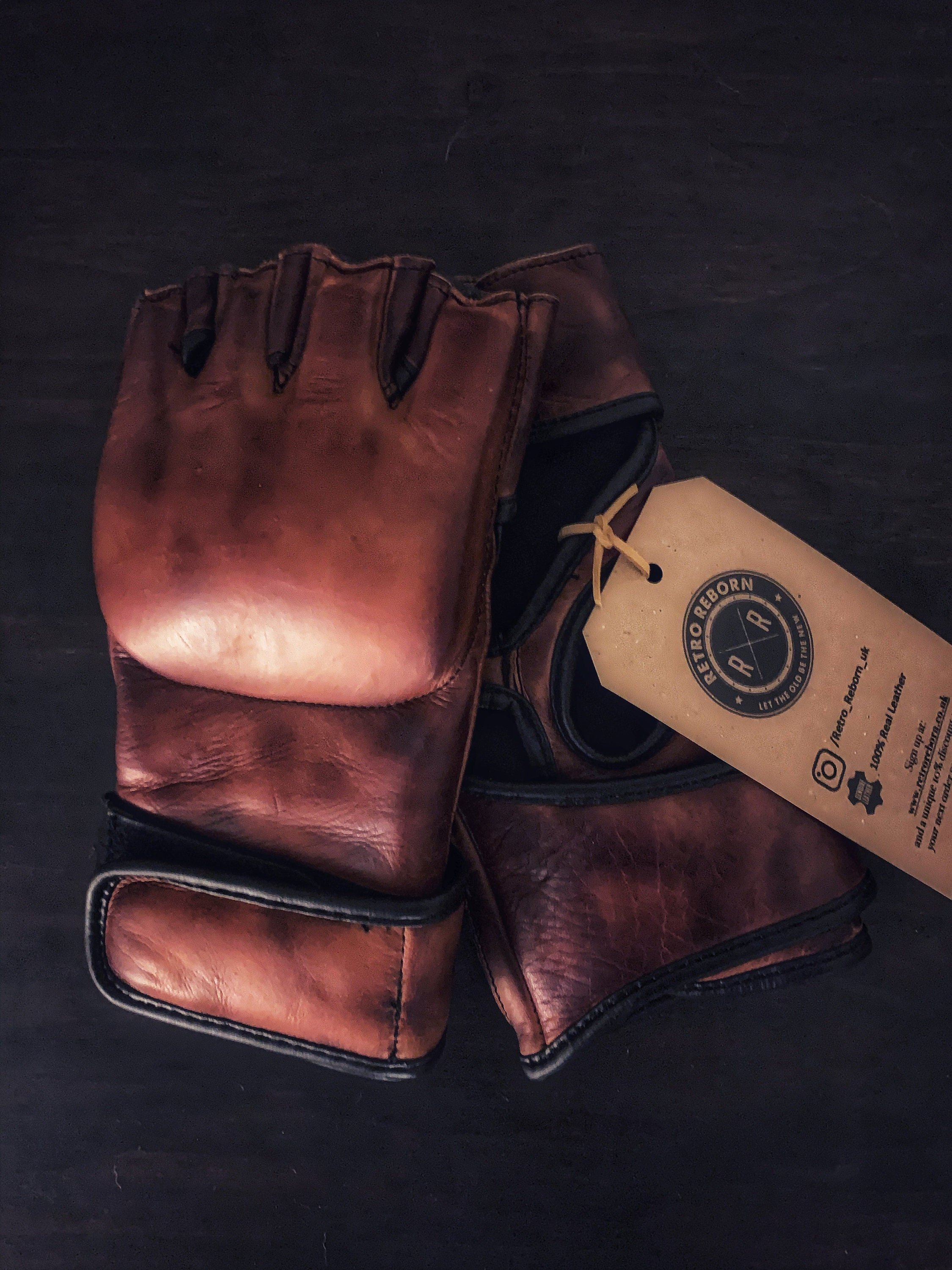 Retro Reborn Brown Tan Leather Vintage Style MMA Gloves