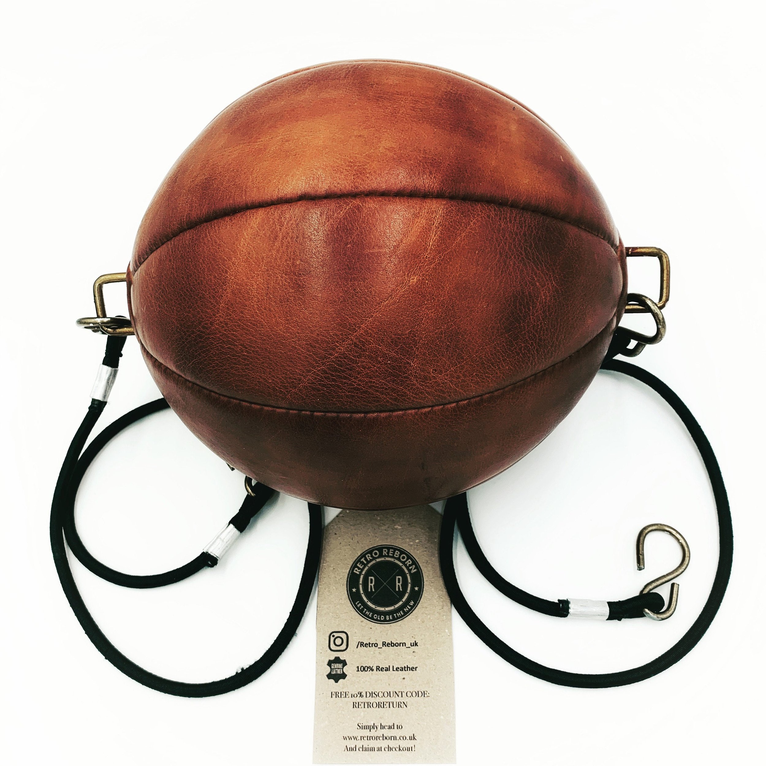 Retro Reborn vintage style double ended speed bag with bungee cord and vintage brass hooks