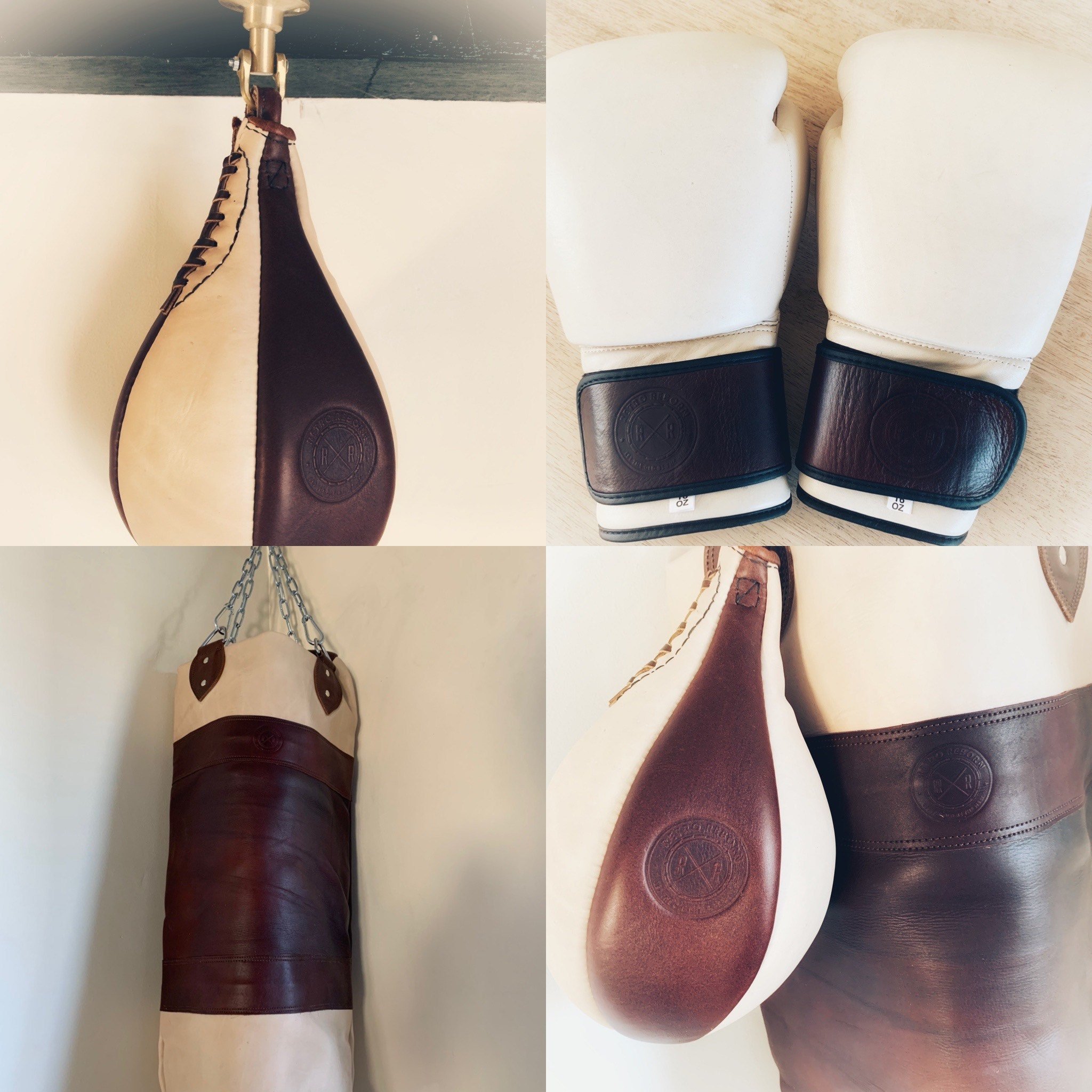 Retro Reborn Vintage Style Boxing Bag / Punch Bag With Hanging Chain Real Leather cream and dark brown complete set (unstuffed)