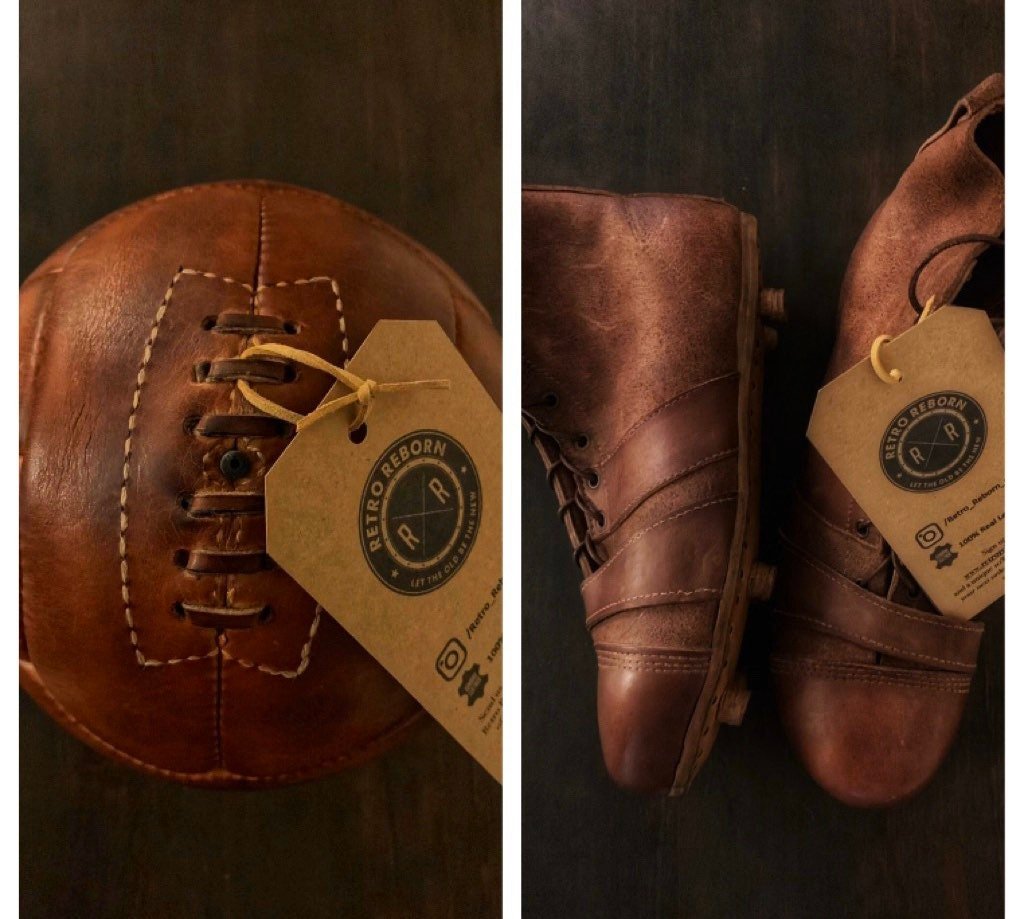 Retro Reborn Vintage Antique Style Leather Football Boots + Leather Lace Up Style Football