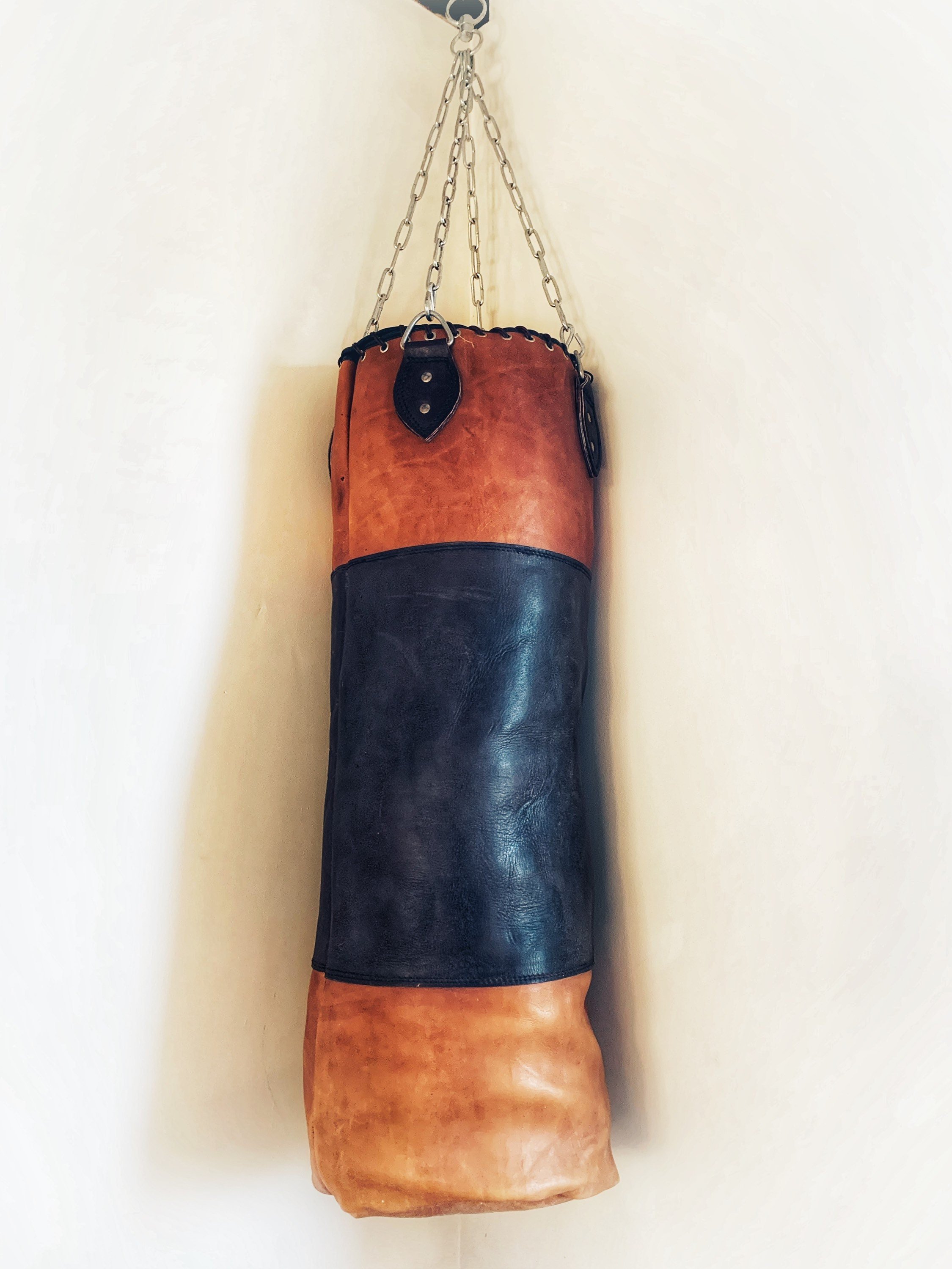 Retro Reborn Vintage Style Boxing Bag / Punch Bag With Hanging Chain Tan and Dark Brown Real Leather (unstuffed)