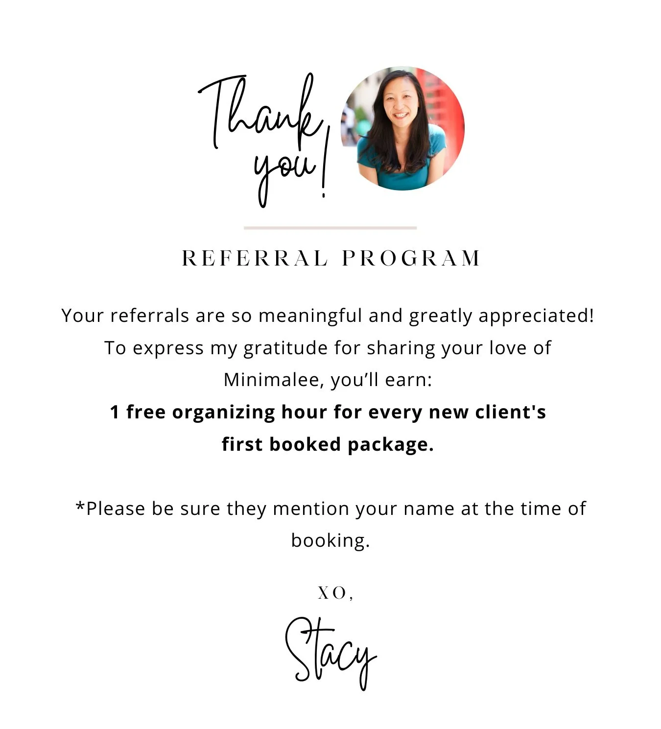 Referral program details for Minimalee clients.