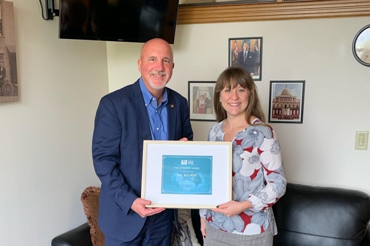 Receiving the Atteberry Award from Oregon Right to Life for being an outspoken pro-life legislator