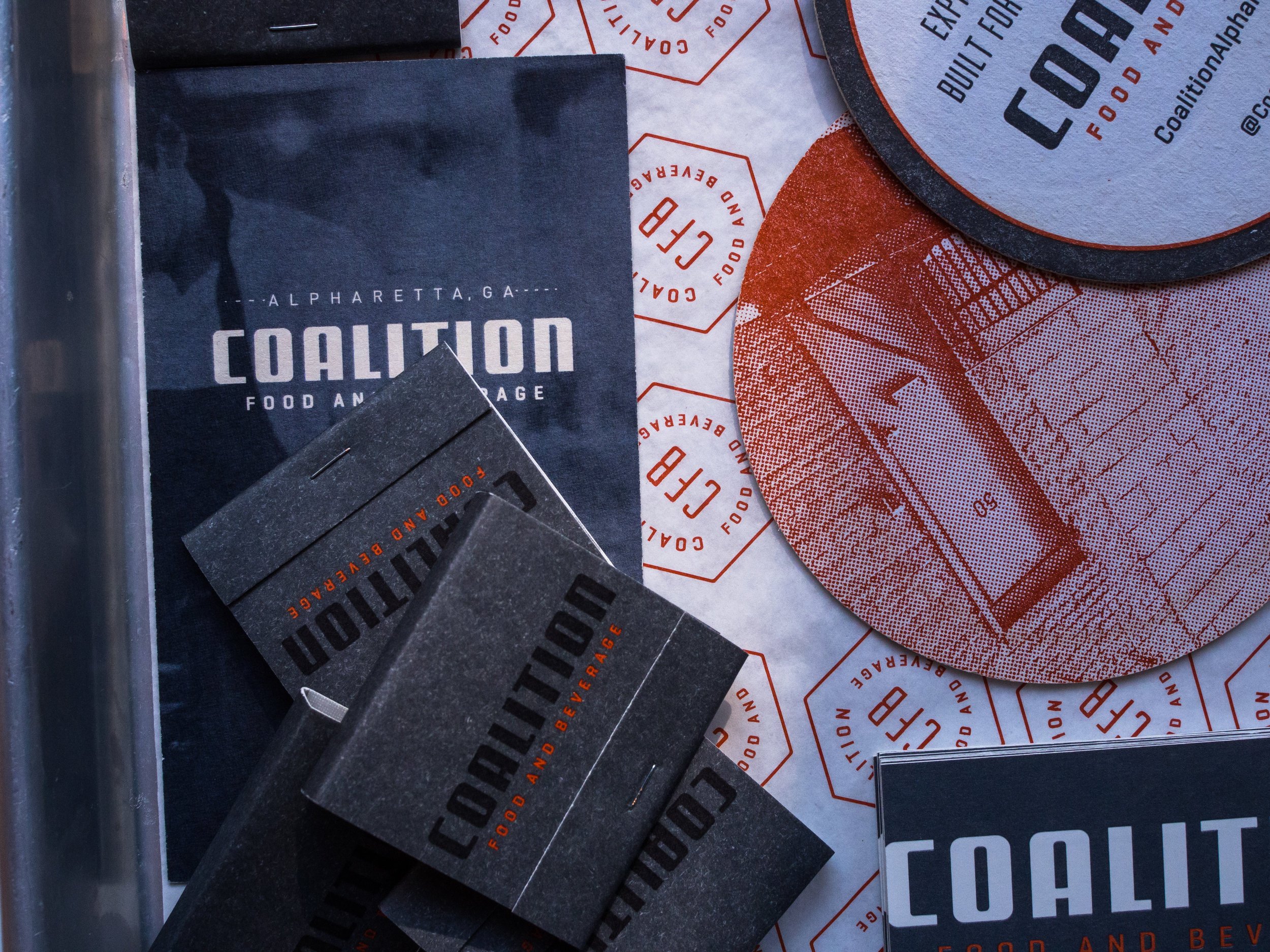 Coalition Food and Beverage, Menu, Coasters, and Matchboxes