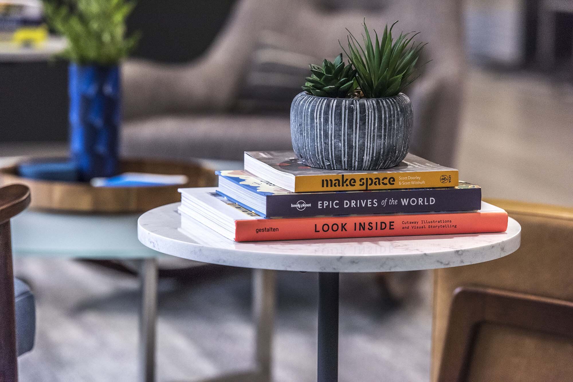 Columbia Plaza Closeup of Book stack on table