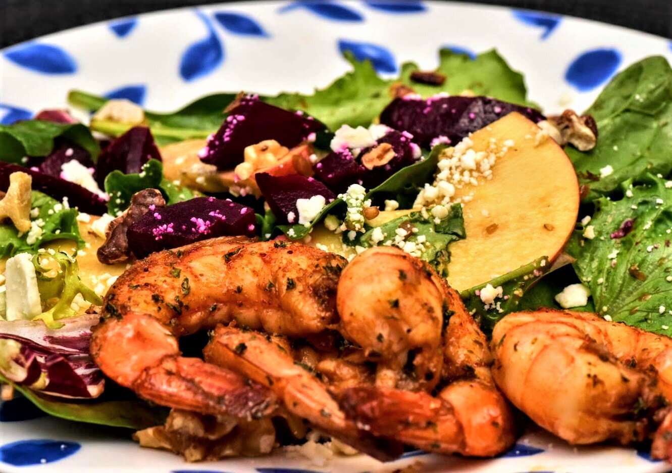 Spicy Shrimp, Apples, Feta, Pickled Beets and Walnuts Salad