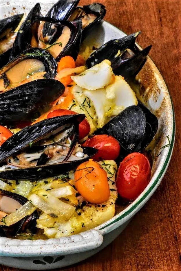 Baked Cod with Mussels, Fennel, and Cherry Tomatoes