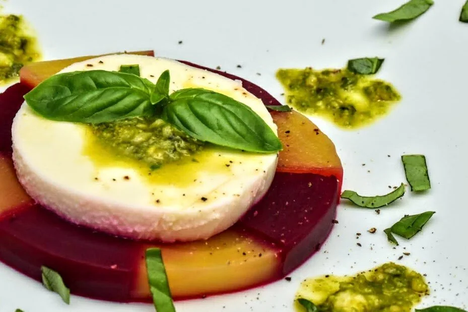 Pickled Beets with Fresh Mozzarella and Pesto