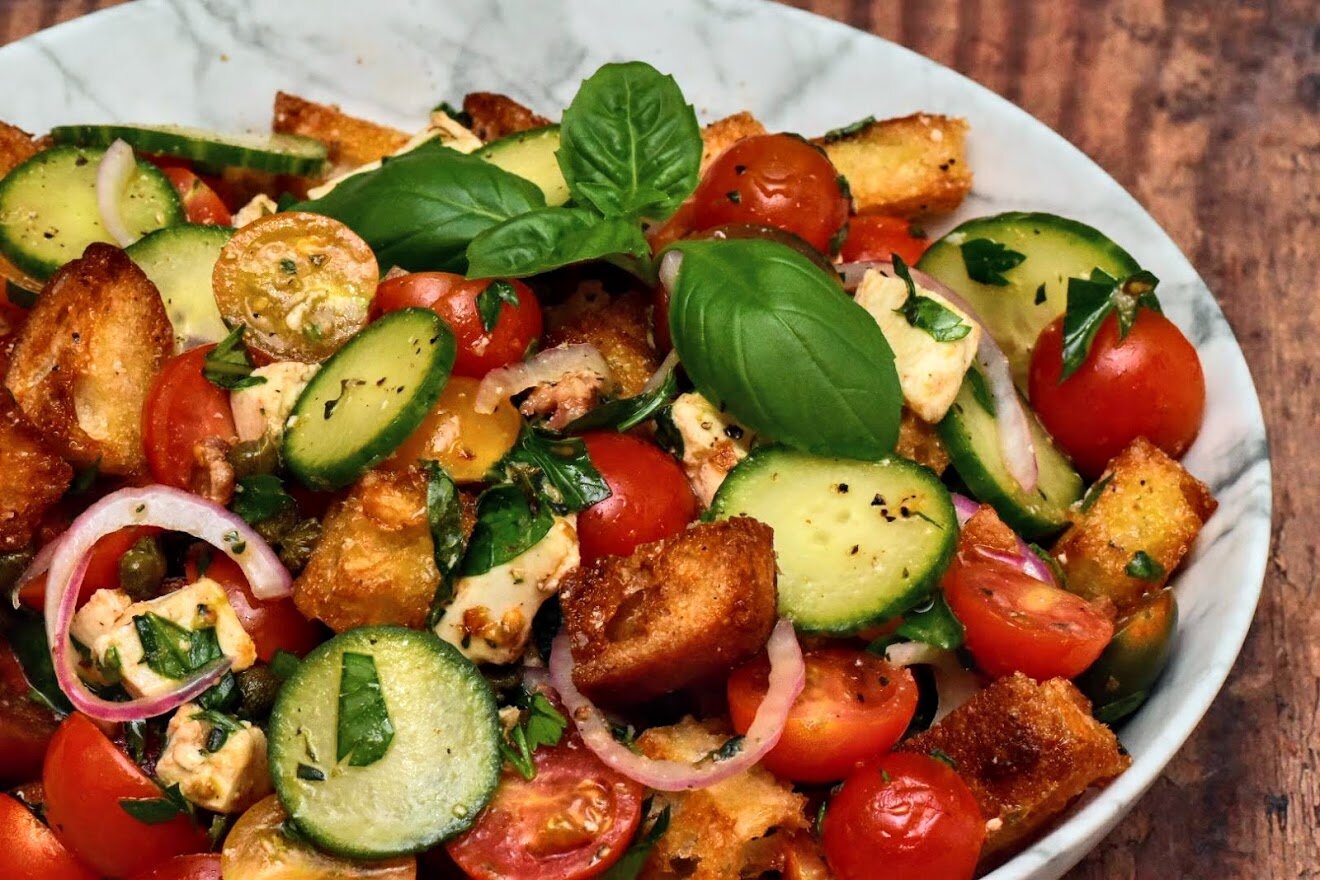 Panzanella Salad with Cherry Tomatoes, Mozarella, and Fresh Herbs
