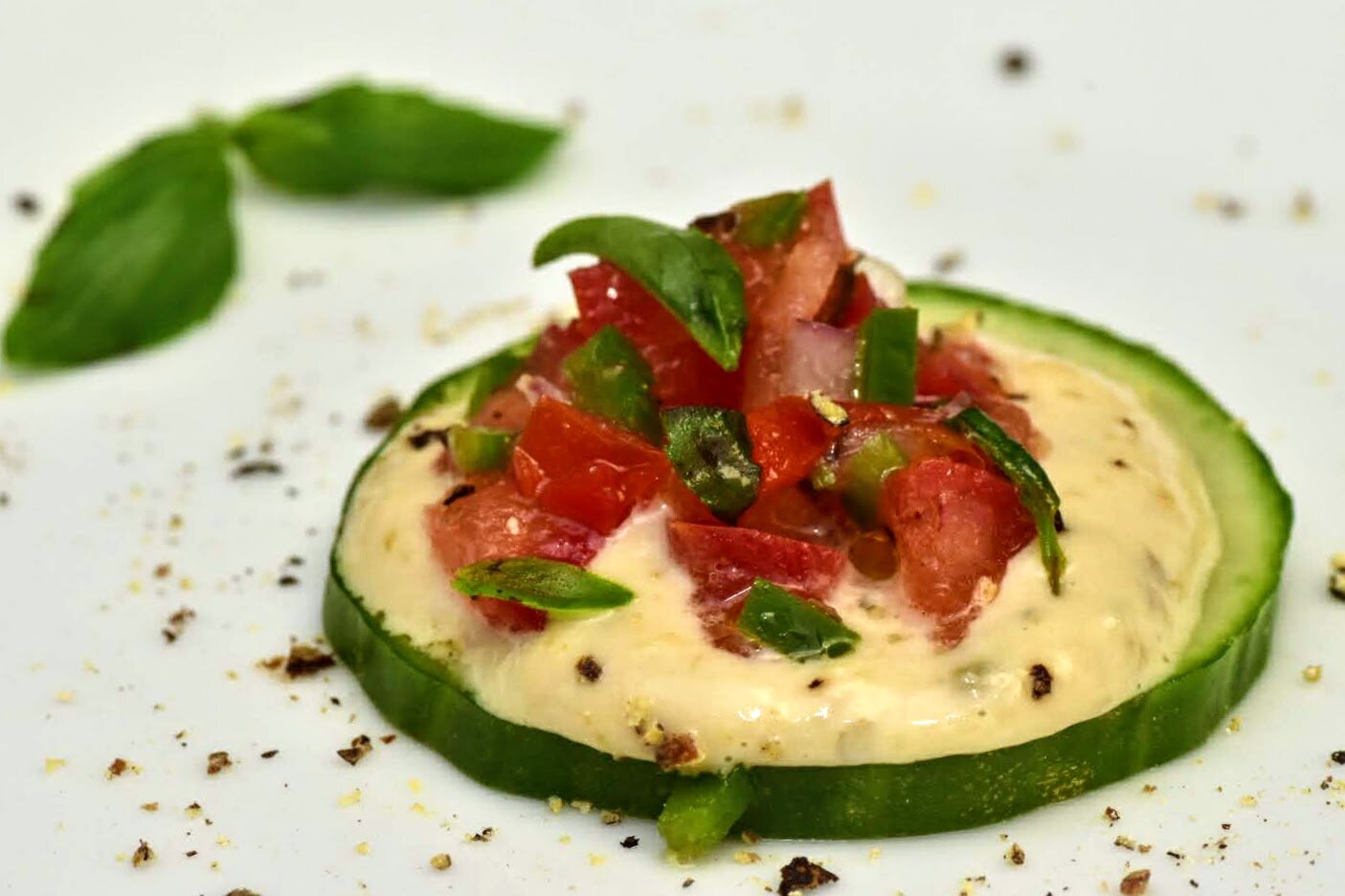Cucumber Canapé with Tonnato Sauce and Tomato-Basil Salsa
