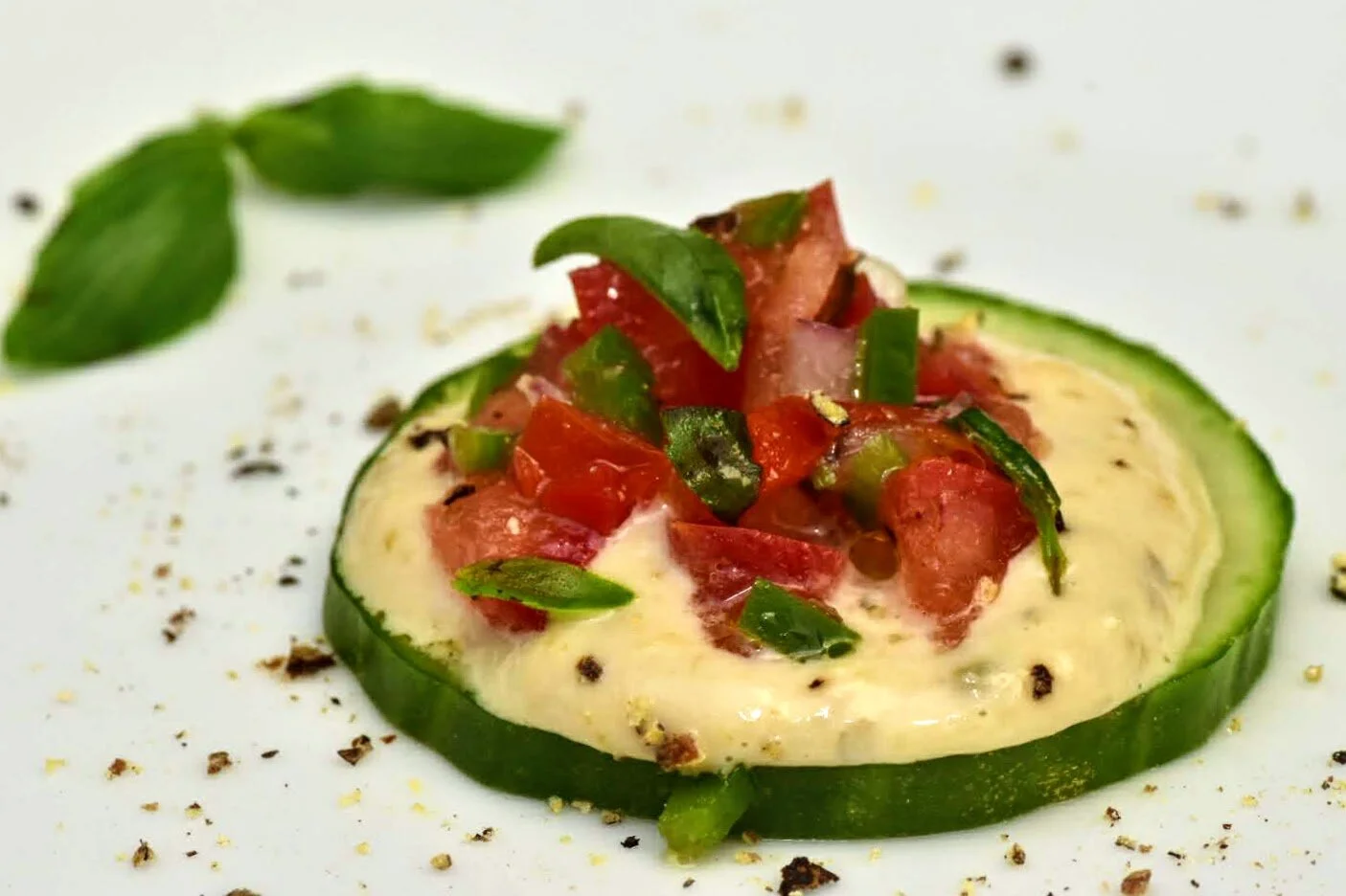 Cucumber Canapé with Tonnato Sauce and Tomato-Basil Salsa