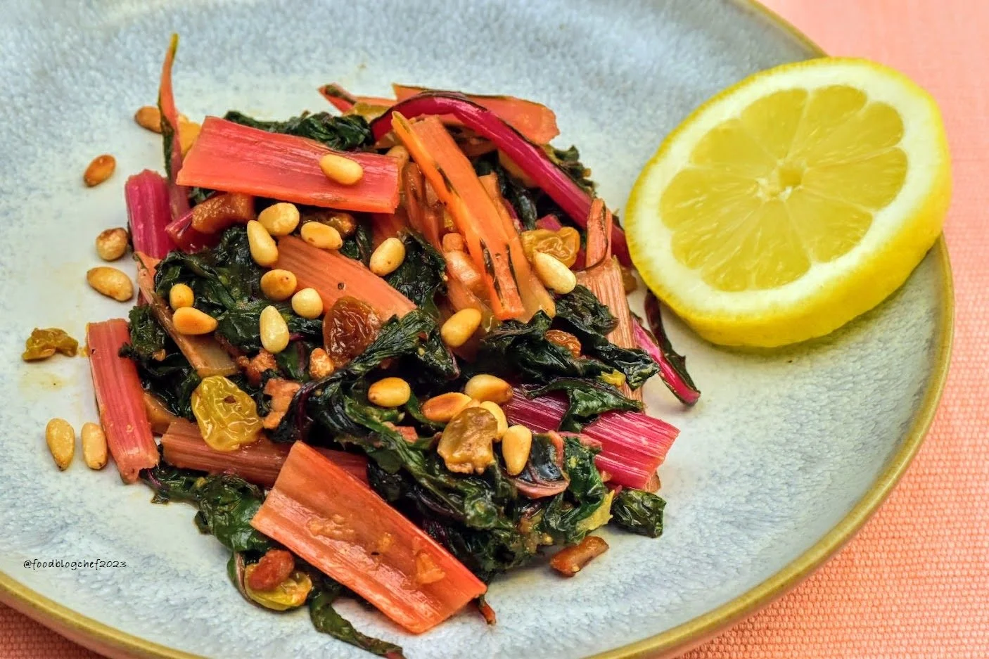 Garlicky Rainbow Chard with Pine Nuts and  Pancetta