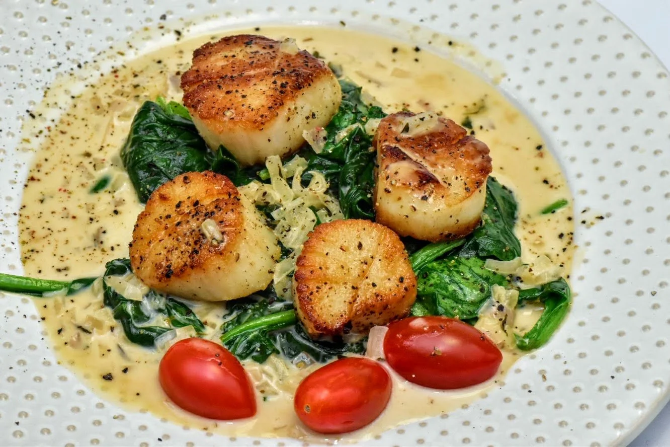 Scallops with Apple Brandy Cream Sauce and Spinach