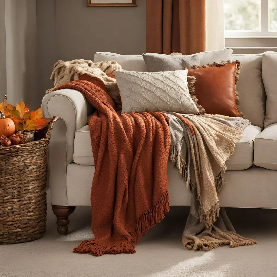 A cozy beige sofa decorated with fall-themed throw blankets and pillows in cream, rust, and tan near a window with curtains. A basket filled with autumn leaves, pumpkins, and gourds sits on the floor beside the sofa.