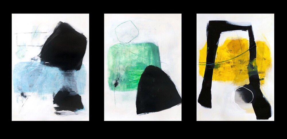 New work by Onna Voellmer. In Absence of Home, In Balance of Love, and Between Two Skies. 24 x 18 inches each, mixed media on cradled panel.