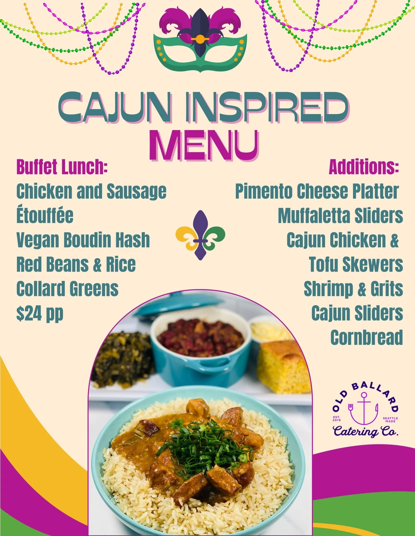 Laissez les bons temps rouler, Seattle! 💜💛💚

Bring the flavors of New Orleans to your office, happy hour, or home party! 🎭
🎺 Mardi Gras Lunch Buffet &ndash; $24/person
Chicken &amp; Sausage &Eacute;touff&eacute;e, Vegan Boudin Hash, Red Beans &a