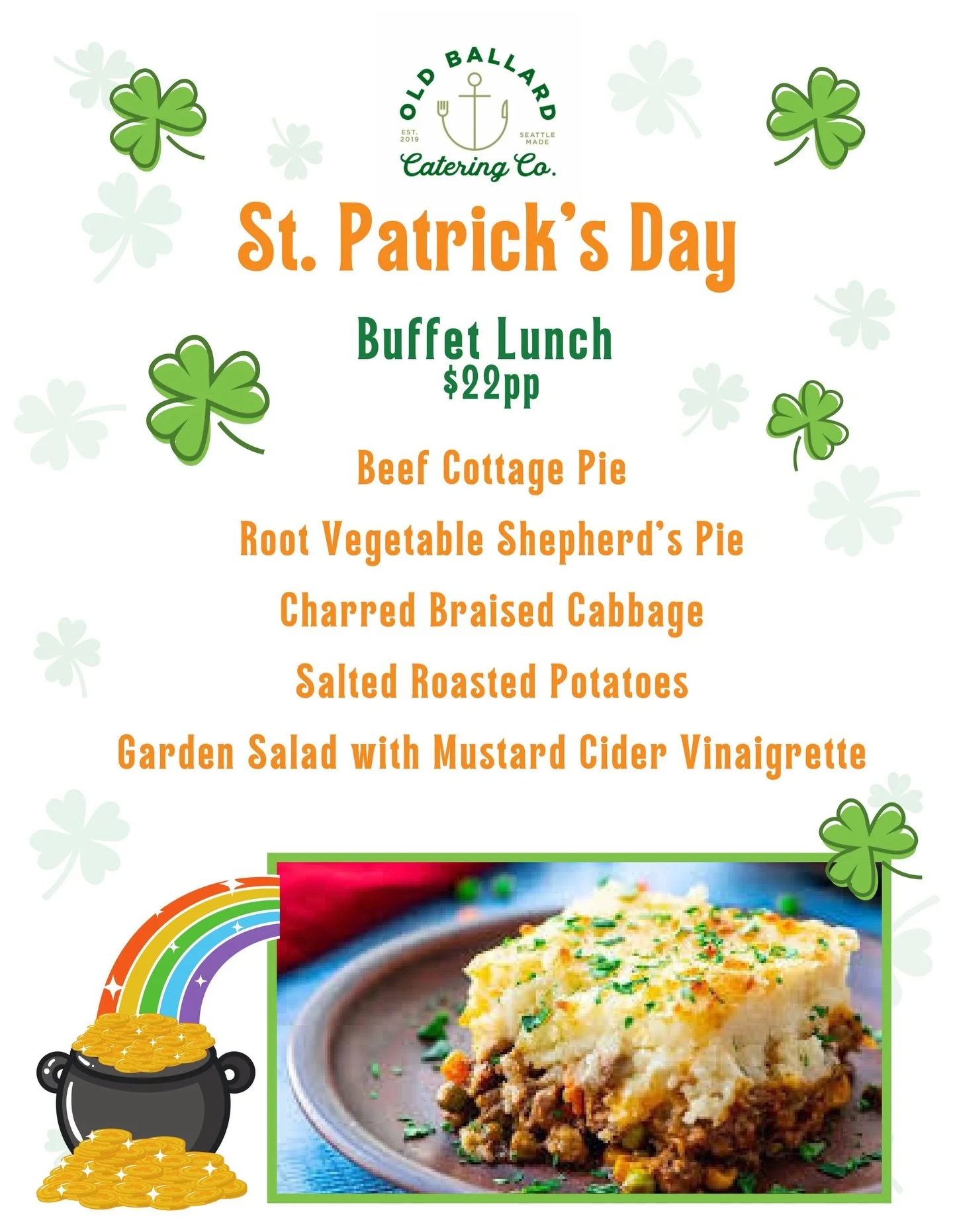 🍀Lucky lunches start here! 🍀
Celebrate St. Patrick&rsquo;s Day with our festive Buffet Lunch &mdash; perfect for office parties, work lunches, happy hours, or hosting at home. 
$22 per person includes:
 🥧Beef Cottage Pie
 🥕 Root Vegetable Shepher