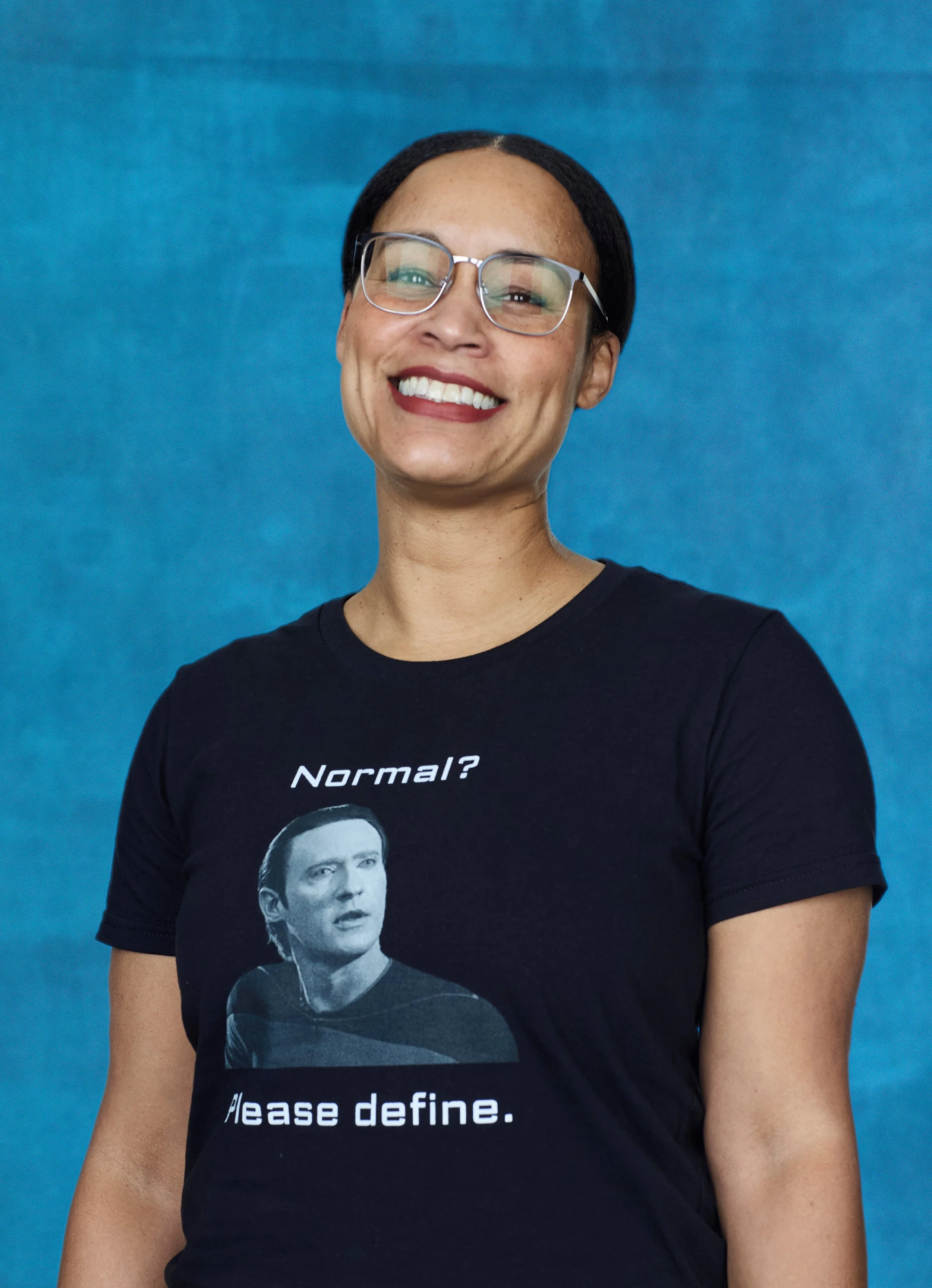 Dr Lyndsi Crowder asks; Normal? Please Define. The is an image of Data form Star Trek's Next Generation on the t-shirt.