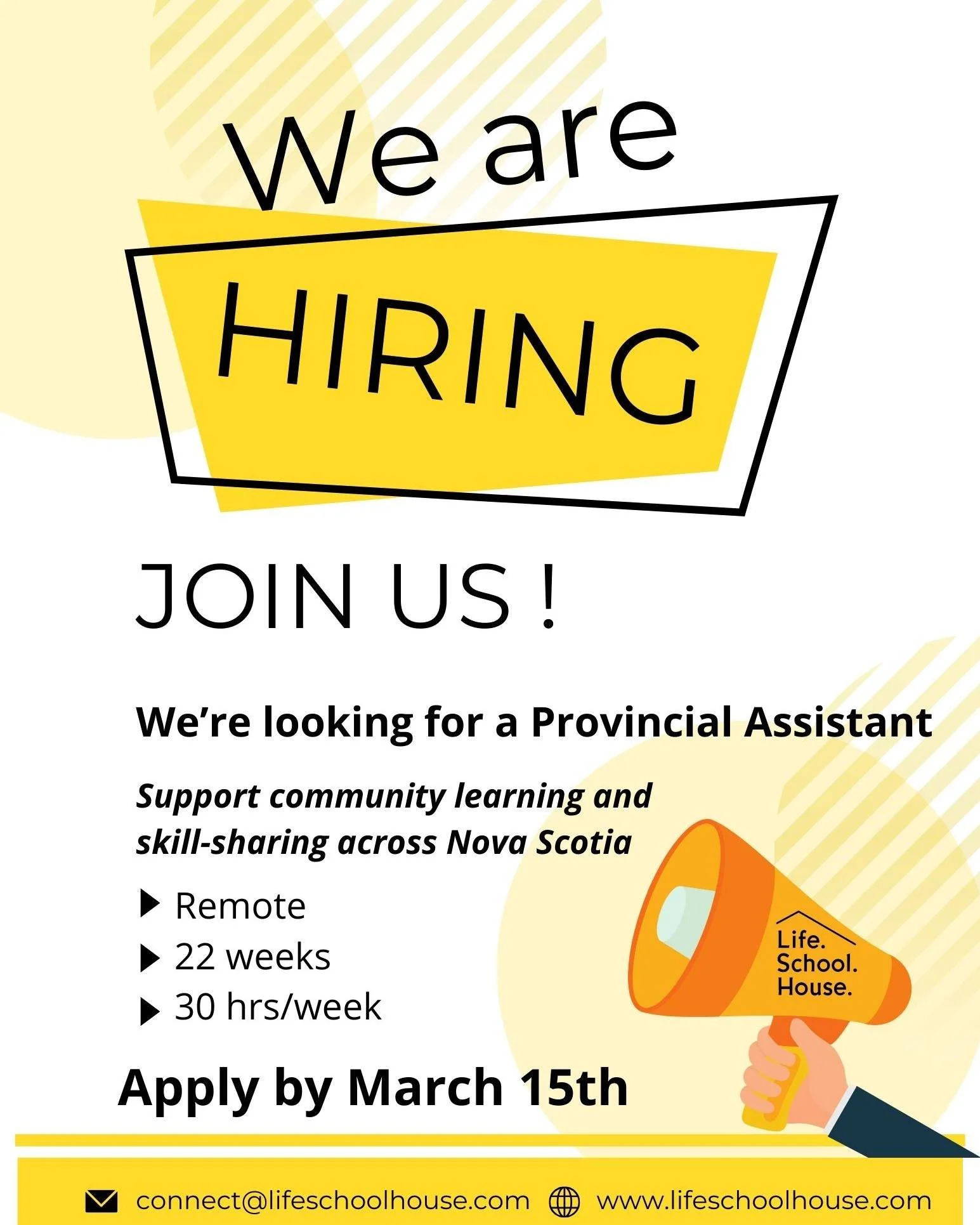 🌱 We&rsquo;re Hiring!

LifeSchoolHouse is excited to partner with the ASCEND Program to offer a 22-week employment opportunity supporting meaningful community work across Nova Scotia.

We are looking for a Provincial Assistant to help grow our netwo