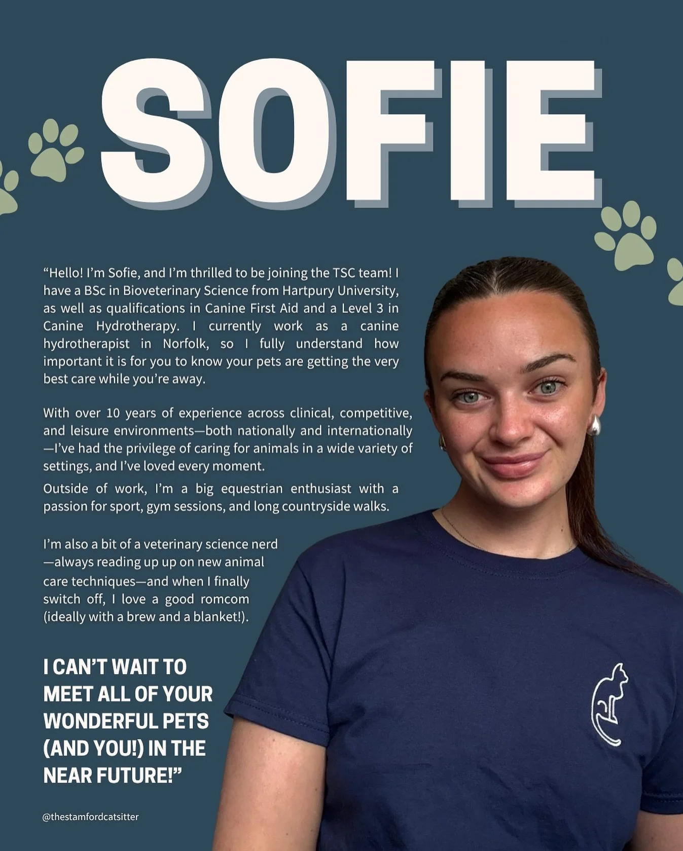 ✨ Meet Sofie! ✨

We&rsquo;re SO excited to welcome Sofie to the TSC team! With a BSc in Bioveterinary Science, over 10 years of animal care experience, and a passion for all things pets (and romcoms ☕🎬), Sofie knows exactly how to keep tails wagging