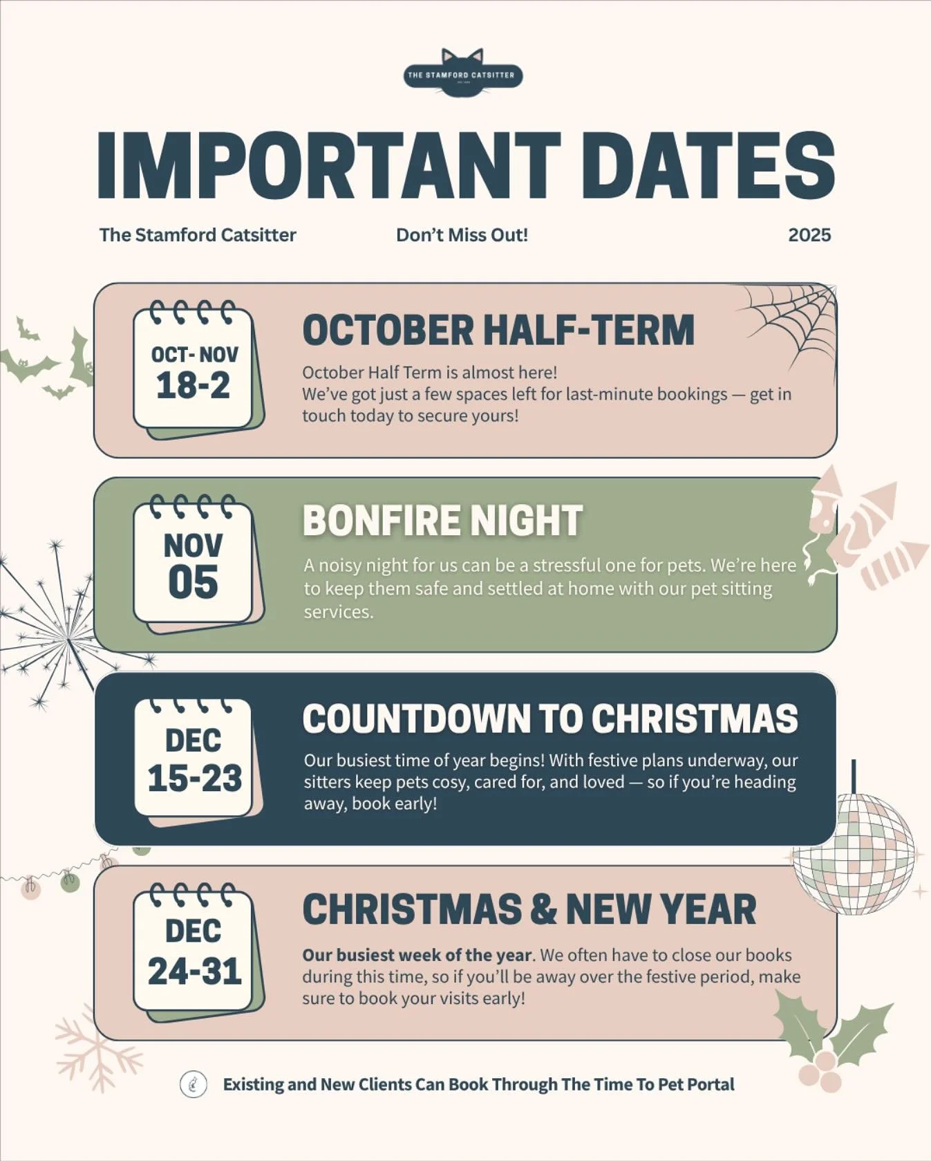 Things are getting busier as we head into the festive season! 🎄🐾
Half term, Bonfire Night, and the Christmas countdown are all just around the corner - so if you’ve got plans coming up, now’s the time to get your visits booked in! 💻🐾