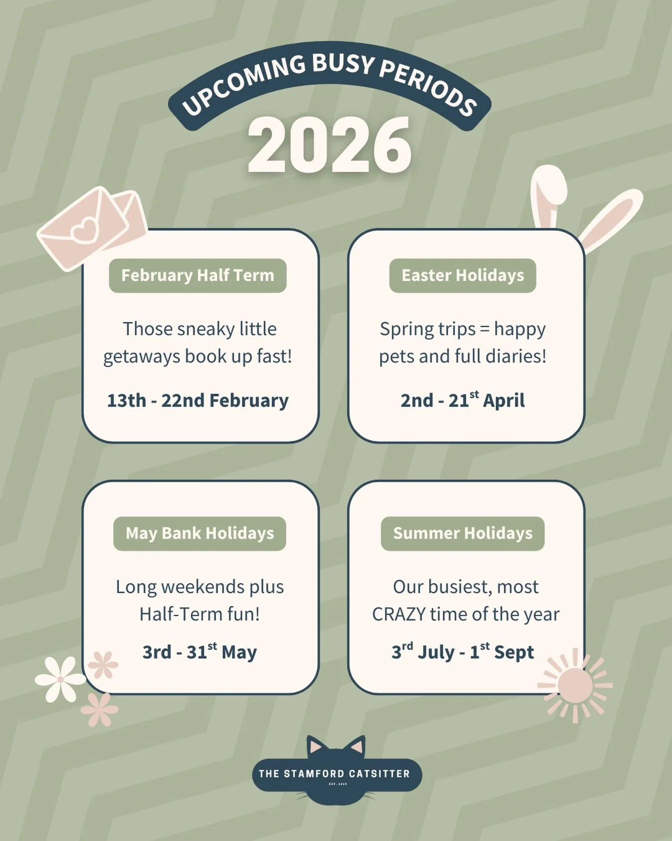 Sneaky getaways, long weekends and summer adventures 🐾✈️
These are our busiest dates for the first part of 2026, and they tend to fill up quickly.

If you&rsquo;re already a client, you can request bookings as usual via the Time To Pet portal.
If yo