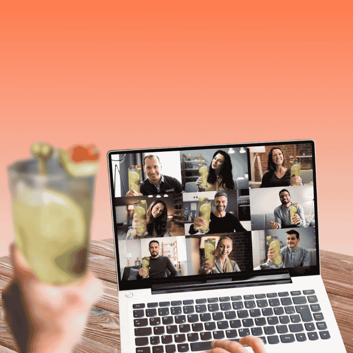 AI-generated illustration of a laptop showing a remote team on a video call during a virtual mocktail workshop