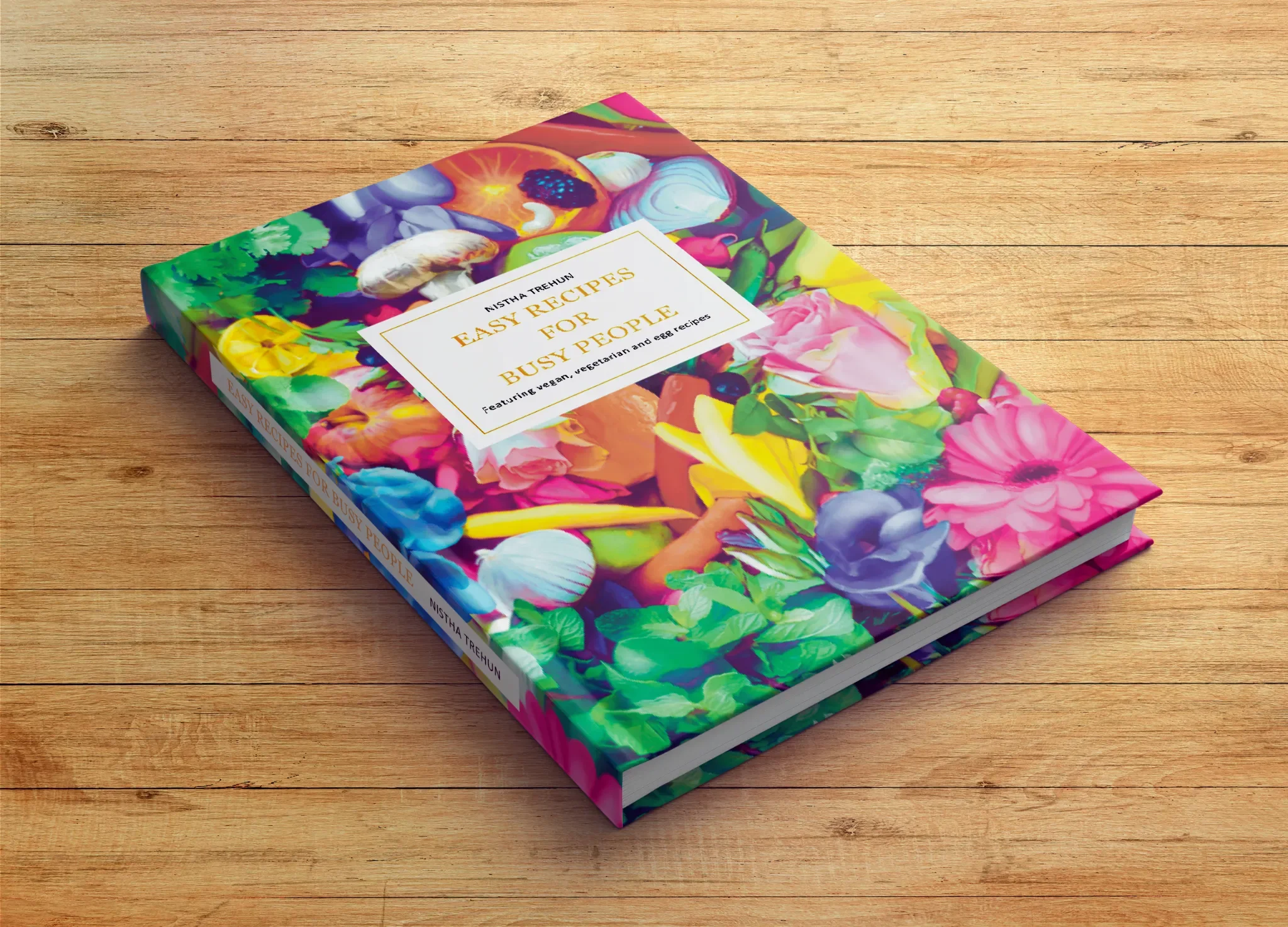 A colorful cookbook titled 'Easy Recipes for Busy People' by Nisttha Trehun, featuring vegan, vegetarian, and egg recipes, lying on a wooden surface.