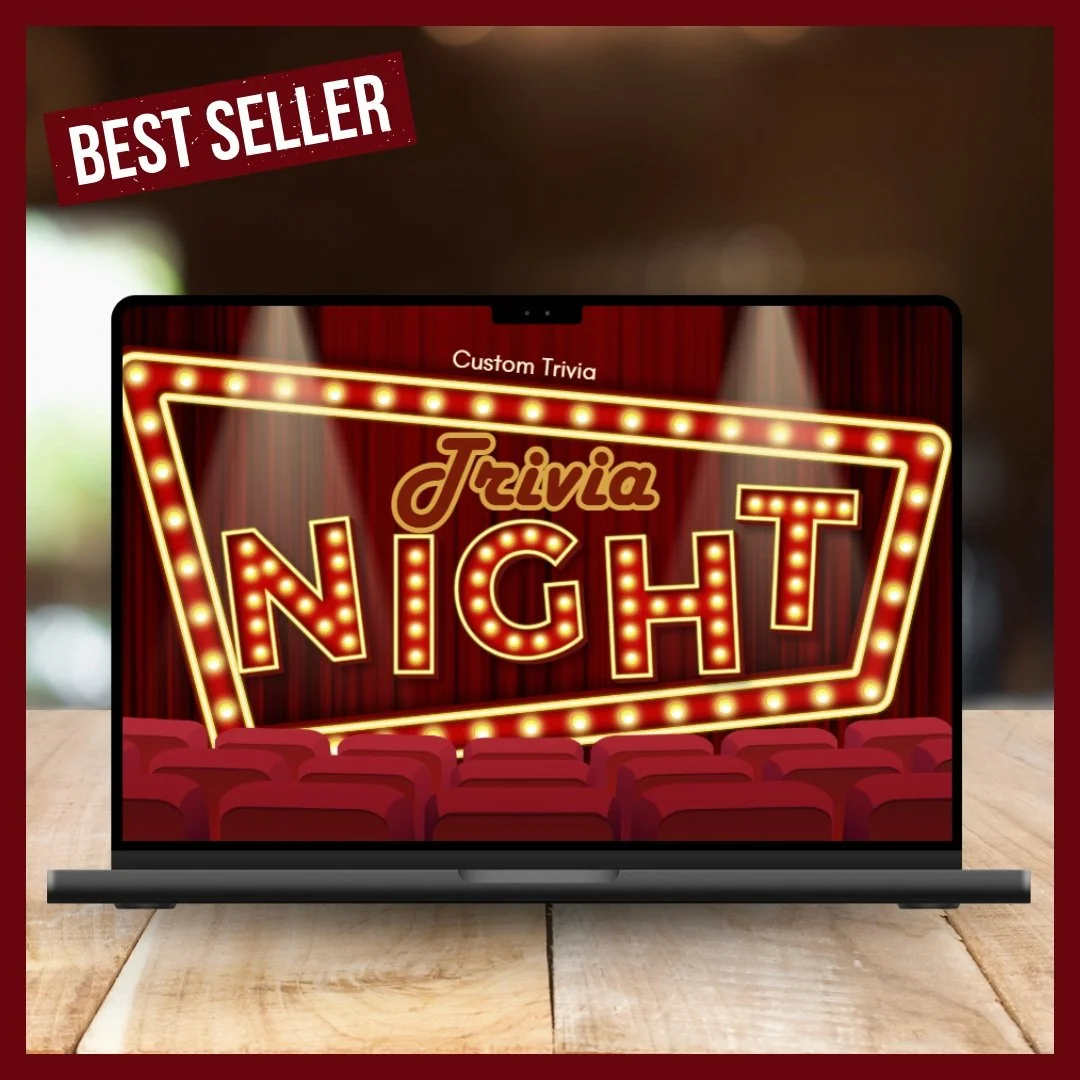 Laptop showing a Trivia Night screen for a hosted virtual trivia game for remote teams