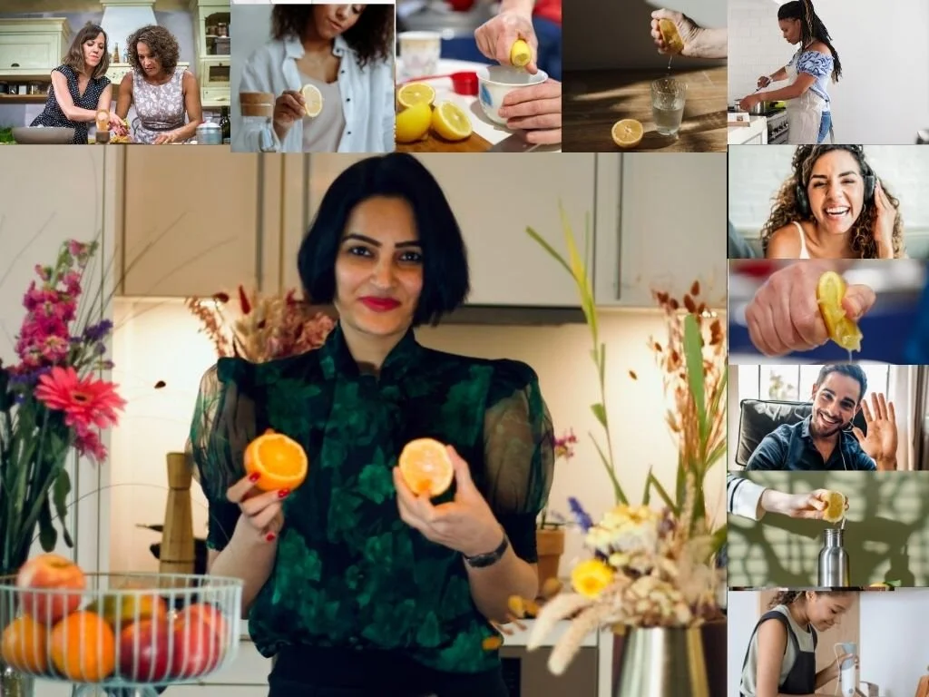 Nistha Trehun holding oranges, with photos of colleagues making drinks, for a mocktail workshop for teams in Berlin